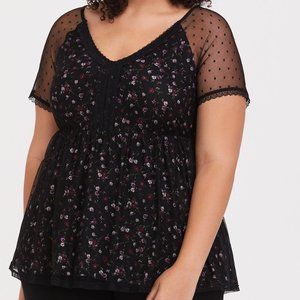 Torrid  Babydoll Knit And Swiss Dot V-Neck Top